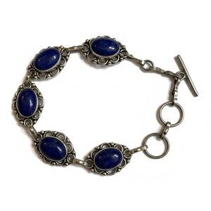 925 Silver and Blue Lapis Lazuli Stone Bracelet 8” Links with Toggle